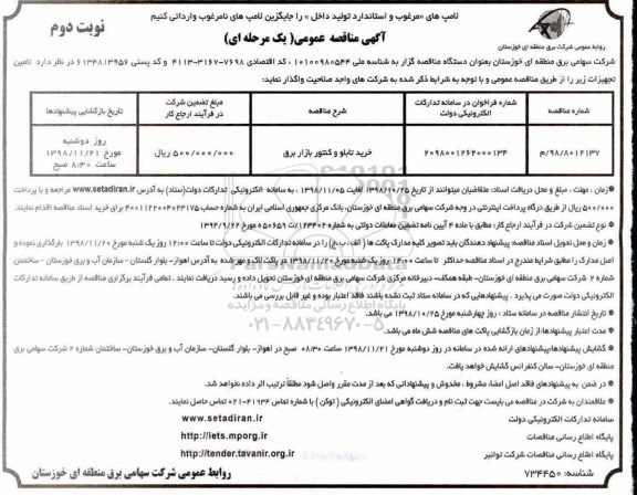 مناقصه, مناقصه  خرید تابلو و کنتور بازار برق - نوبت دوم