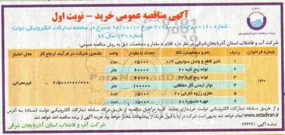 مناقصه عمومی, مناقصه شیر قطع و وصل سوئیچی 1/2 ... 