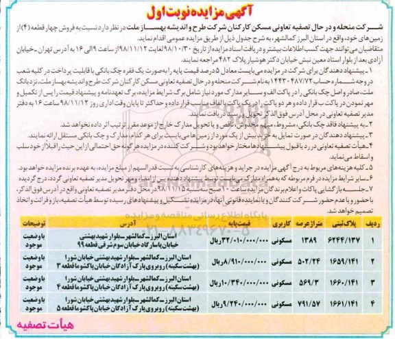 مزایده مزایده فروش چهار قطعه از زمین های خود نوبت اول