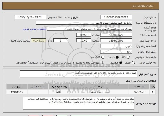 استعلام خرید ،حمل و نصب تجهیزات چاه له باجلق شهرستان آباده