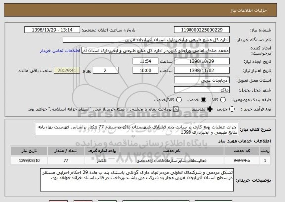 استعلام اجرای عملیات بوته کاری در سایت دیم قشلاق شهرستان ماکو در سطح 77 هکتار براساس فهرست بهاء پایه منابع طبیعی و آبخیزداری 1398