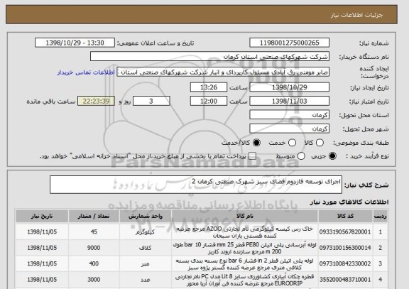استعلام اجرای توسعه فازدوم فضای سبز شهرک صنعتی کرمان 2
