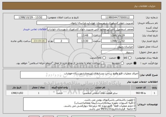 استعلام اجرای عملیات قلع وقمع ساخت وسازهای غیرمجازشهرستان خوشاب