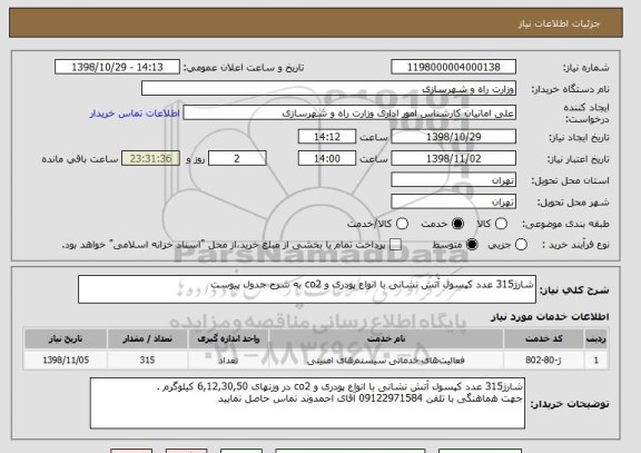 استعلام شارژ315 عدد کپسول آتش نشانی با انواع پودری و co2 به شرح جدول پیوست