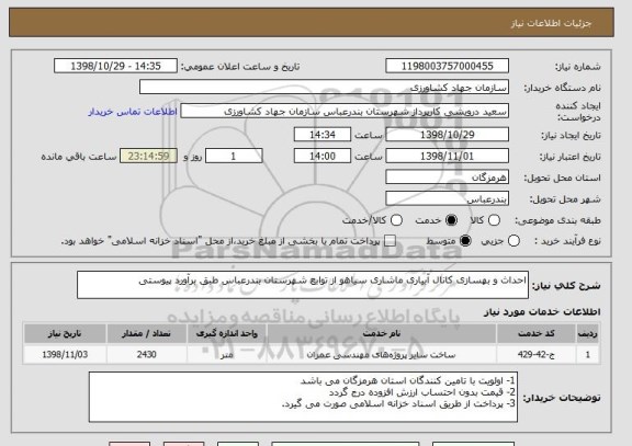 استعلام احداث و بهسازی کانال آبیاری ماشاری سیاهو از توابع شهرستان بندرعباس طبق برآورد پیوستی