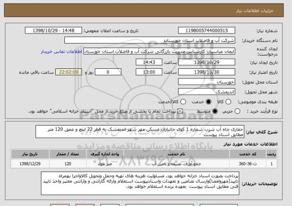 استعلام حفاری چاه آب شرب شماره 1 کوی جانبازان مسکن مهر شهر اندیمشک به قطر 22 اینچ و عمق 120 متر مطابق اسناد پیوست