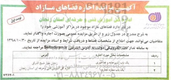 مزایده,مزایده  یک باب آشپزخانه و غذا خوری و...