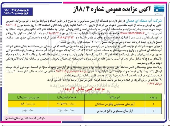 مزایده, مزایده فروش دو دستگاه آپارتمان مسکونی