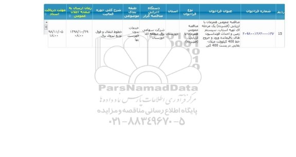 مناقصه  تهیه استاپ، سیستم زمین و احداث فونداسیون ها