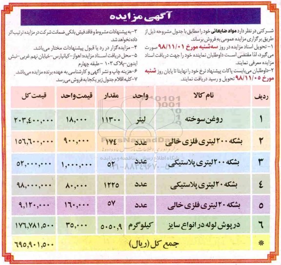 مزایده, مزایده فروش مواد ضایعاتی از قبیل روغن سوخته و ...