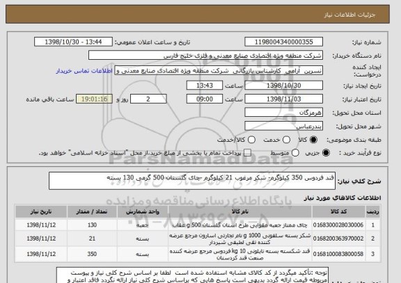 استعلام قند فردوس 350 کیلوگرم- شکر مرغوب 21 کیلوگرم -چای گلستان 500 گرمی 130 بسته