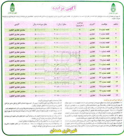 آگهی مزایده ،مزایده فروش 16 قطعه زمین با کاربری تجاری