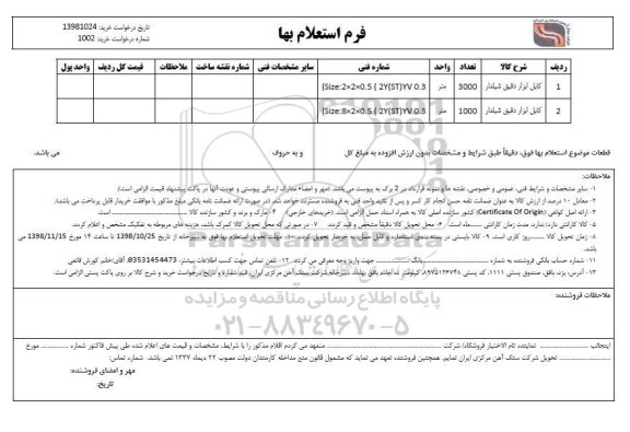 استعلام , استعلام ​کابل ابزار دقیق شیلدار 	