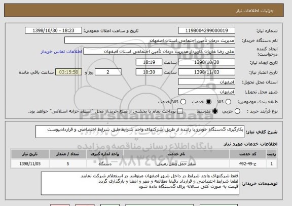 استعلام بکارگیری 5دستگاه خودرو با راننده از طریق شرکتهای واجد شرایط طبق شرایط اختصاصی و قراردادپیوست