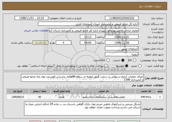 استعلام اجرای عملیات آبیاری سنواتی در سایت گزنق ارومیه در سطح 90هکتار براساس فهرست بهاء پایه منابع طبیعی و آبخیزداری 1398