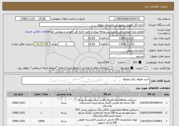 استعلام خرید ظروف یکبار مصرف