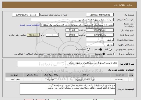 استعلام عملیات پسیو فیبرنوری در ایستگاههای بوشهر و کنگان