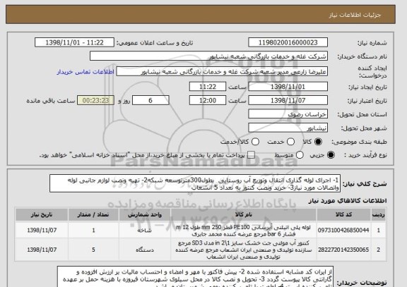 استعلام 1- اجرای لوله گذاری انتقال وتوزیع آب روستایی  بطول300مترتوسعه شبکه2- تهیه ونصب لوازم جانبی لوله واتصالات مورد نیاز3- خرید ونصب کنتور به تعداد 5 انشعاب