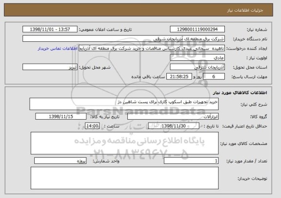 استعلام خرید تجهیزات طبق اسکوپ کاری برای پست شاهین دژ 