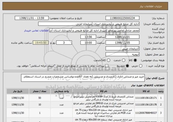 استعلام خرید میز و صندلی اداری (کارمندی و مدیریتی )به تعداد 67عدد براساس مشخصات مندرج در اسناد استعلام.