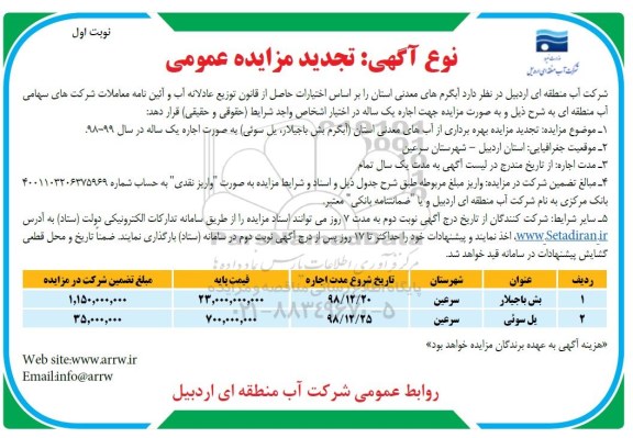 تجدید مزایده عمومی, تجدید مزایده بهره برداری از آبهای معدنی 