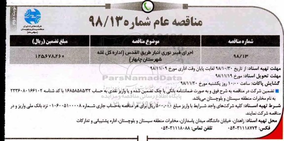 مناقصه عام, مناقصه اجرای فیبر نوری انبار  نوبت دوم 