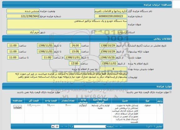 مزایده، مزایده سه دستگاه خودرو و یک دستگاه تراکتور اسقاطی 