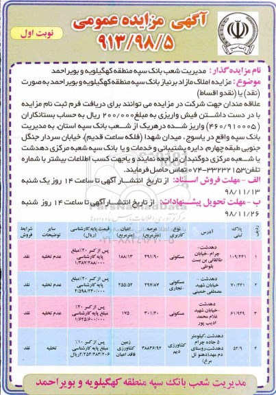 مزایده مزایده فروش املاک مازاد کاربری مسکونی و تجاری نوبت اول