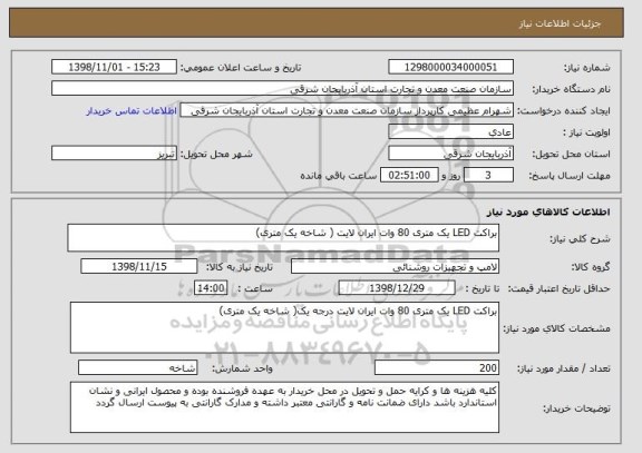 استعلام براکت LED یک متری 80 وات ایران لایت ( شاخه یک متری)