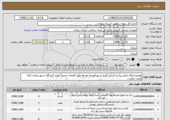 استعلام توضیح اینکه بدلیل نیاز به اندازه گیری و پرو البسه توسط تولید کننده ،ترجیحاً تولید کنندگان شهر زنجان ارائه قیمت نمایند .