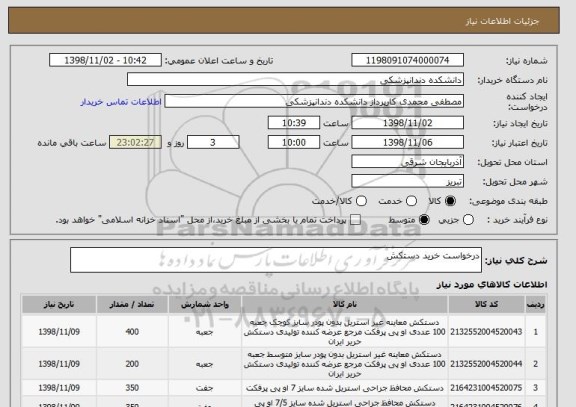 استعلام درخواست خرید دستکش