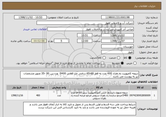 استعلام دریچه کامپوزیت به تعداد 400 عدد به قطر 60-65 سانتی متر کلاس D400  وزن بین 30 -35 تصویر مشخصات نیز به پیوست می باشد