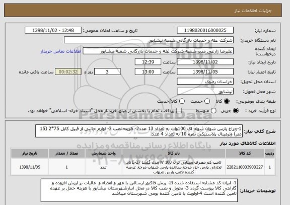 استعلام 1-چراغ پارس شوان سوله ای 100وات به تعداد 13 عدد2- هزینه نصب 3- لوازم جانبی از قبیل کابل 75*2 (15 متر) وترمینال پلاستیکی نمره 10 به تعداد 4 عدد.