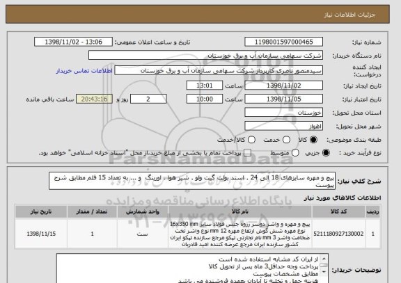 استعلام پیچ و مهره سایزهای 18 الی 24 . استد بولت گیت ولو . شیر هوا . اورینگ  و ... به تعداد 15 قلم مطابق شرح پیوست