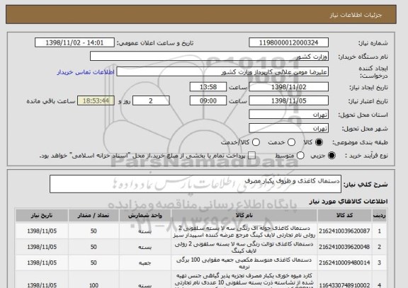 استعلام دستمال کاغذی و ظروف یکبار مصرف