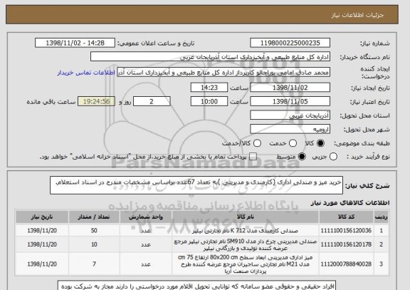 استعلام خرید میز و صندلی اداری (کارمندی و مدیریتی )به تعداد 67عدد براساس مشخصات مندرج در اسناد استعلام.