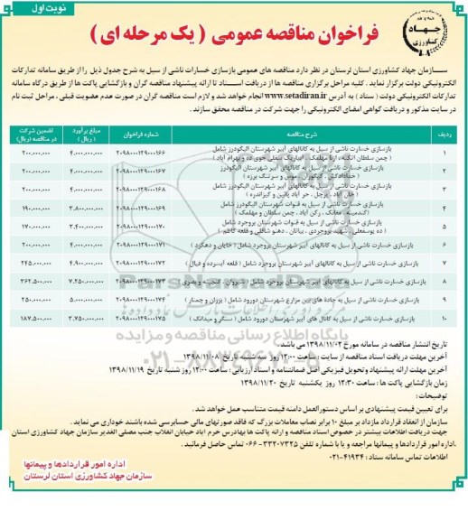 فراخوان مناقصه عمومی, مناقصه بازسازی خسارات ناشی از سیل ... 