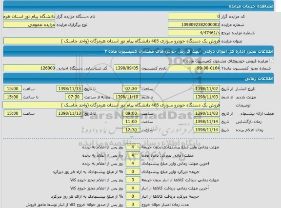 مزایده ، مزایده فروش یک دستگاه خودرو سواری 405 
