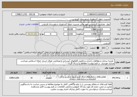 استعلام نقشه برداری و مطالعات احداث و تکمیل کانالهای آبرسانی و پرداختی اوراق اسناد خزانه اسلامی میباشد. مدارک موردنیاز در فرم پیوست مطالعه و ارسال گردد