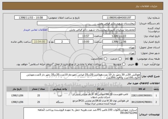 استعلام هواکش 30در 30 دمپر دار 10 عدد.هواکش 25در25 ایرانی دمپر دار 10عدد.35در35 دمپر دار 5عدد.مهتابی 20وات100عدد و40وات200عدد