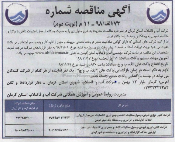 مناقصه، مناقصه  قرائت کنتور ، توزیع قبوض ، وصول مطالبات...- نوبت دوم 