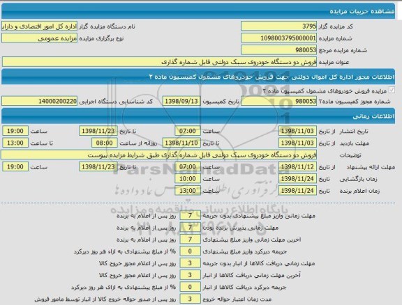 مزایده، مزایده فروش دو دستگاه خودروی سبک دولتی قابل شماره گذاری