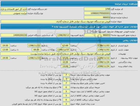 مزایده،  مزایده فروش دو دستگاه خودروی سبک دولتی قابل شماره گذاری 