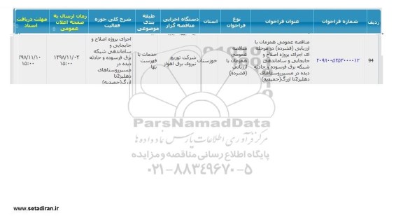 مناقصه، مناقصه اجرای پروژه اصلاح و جابجایی و ساماندهی شبکه برق فرسوده و حادثه دیده