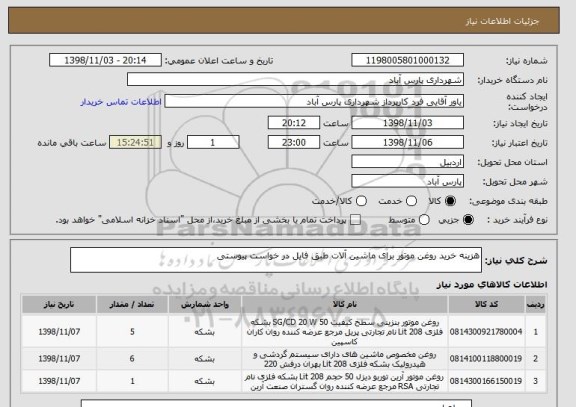 استعلام هزینه خرید روغن موتور برای ماشین آلات طبق فایل در خواست پیوستی
