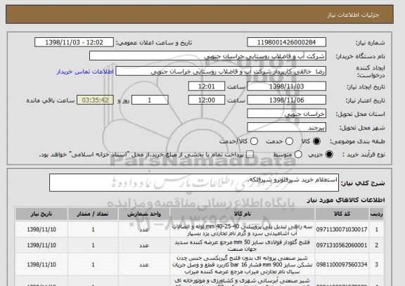 استعلام استعلام خرید شیرفلوترو شیرفلکه.