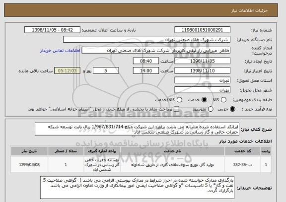 استعلام ایرانکد استفاده شده مشابه می باشد براورد این شرکت مبلغ 1/967/831/714 ریال بابت توسعه شبکه حفرات خالی و گاز رسانی در شهرک صنعتی شمس اباد 