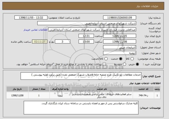 استعلام خدمات مطالعات ژئو تکنیک طرح تصفیه خانه فاضلاب شهرک صنعتی نقده (طبق برآورد اولیه پیوستی )