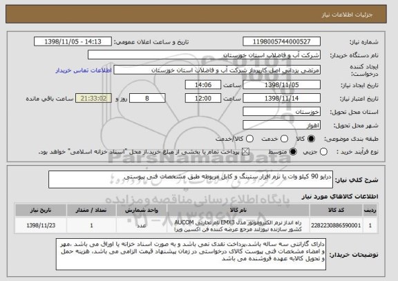 استعلام درایو 90 کیلو وات با نرم افزار ستینگ و کابل مربوطه طبق مشخصات فنی پیوستی