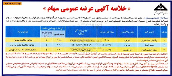 اصلاحیه مزایده , مزایده عرضه سهام- نوبت دوم و اصلاحیه